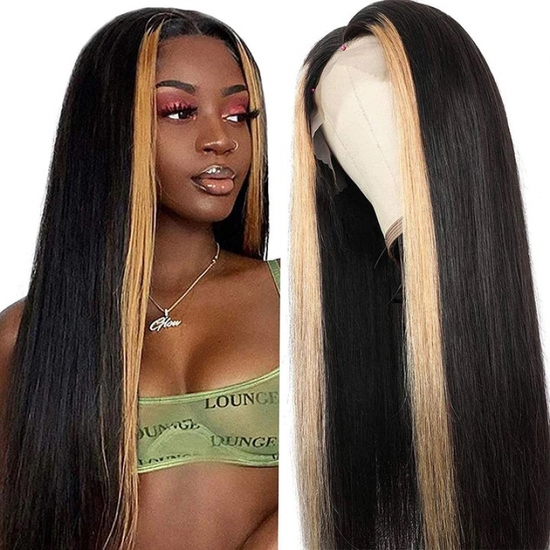 natural black with blonde skunk stripes straight human hair wigs