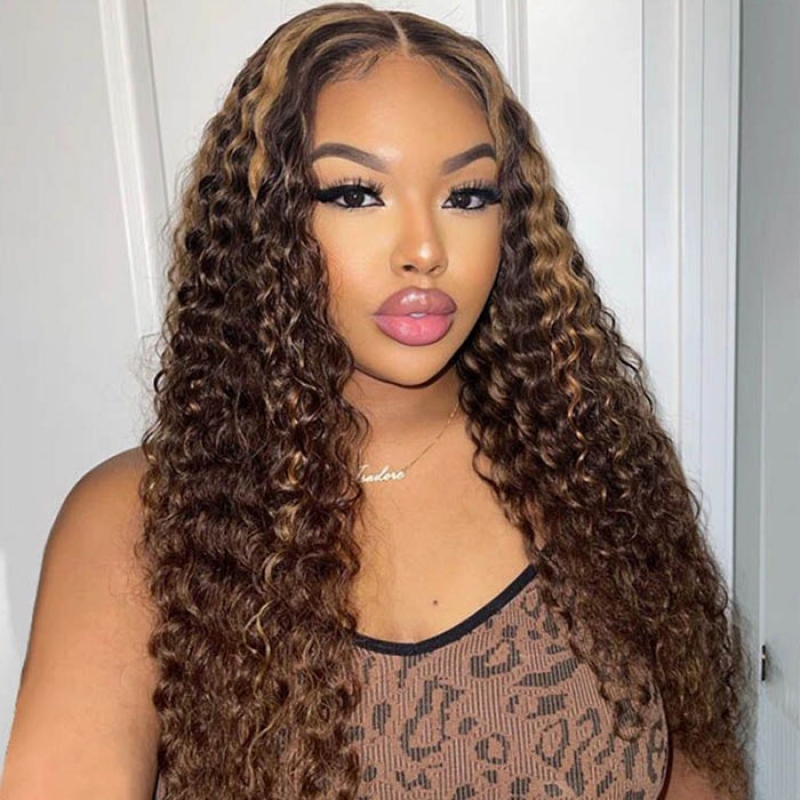dark brown with honey blonde highlight curly wave wigs